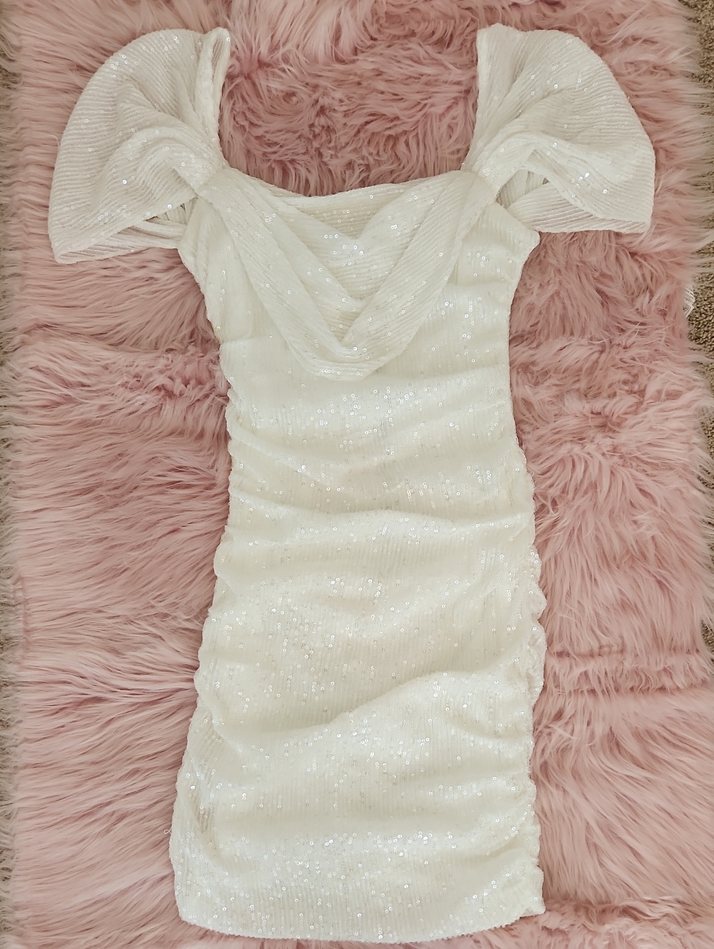 Party City Chic Hello Molly White Sequin Draped Off-Shoulder Mini Dress